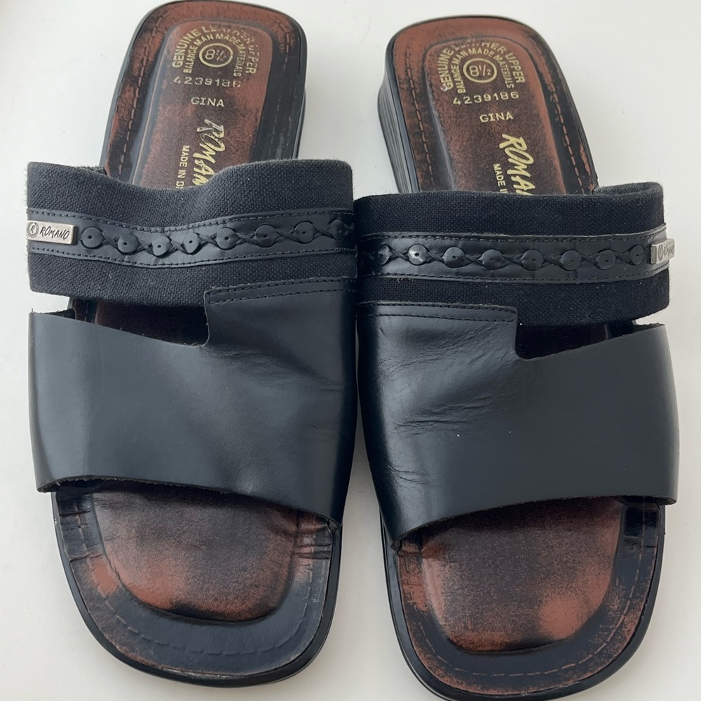 Black Romano “Gina” women’s slip on leather slide sandals size 8 1/2